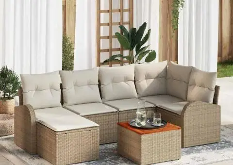 Set canapea 7 piese cu perne Bej Poli Ratan Acacia - 1/5