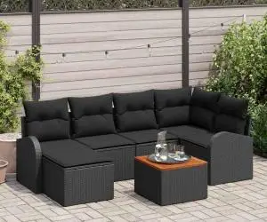 Set canapea grădină cu perne 7 piese Negru Poliratan Acacia