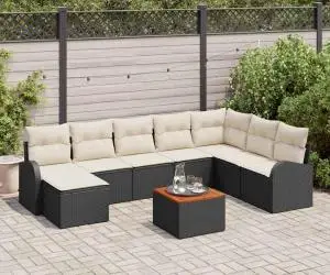 vidaXL Set de canapea pentru grădină , 9 piese, cu perne, negru, din rattan polietilenic și acacia.