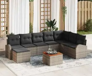 Set de canapele de grădină 9 piese cu perne gri din ratan poli și acacia