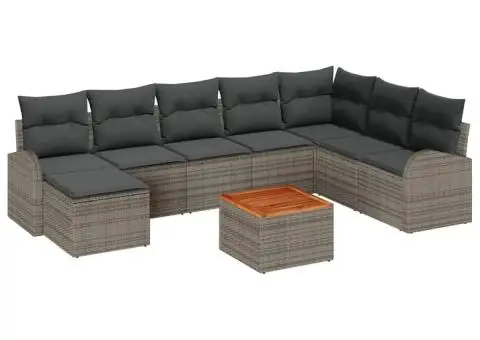 Set de canapele de grădină 9 piese cu perne gri din ratan poli și acacia - 2/5