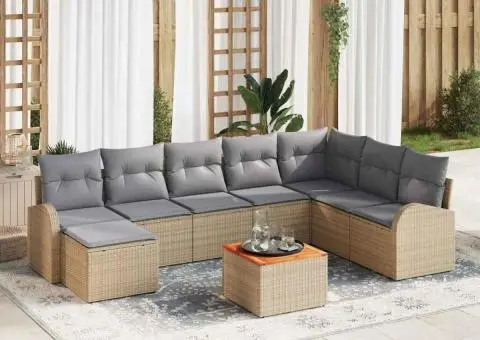 Set de grădină , 9 piese, cu perne, Bej, din rattan poliuretanic, Acacia - 1/5