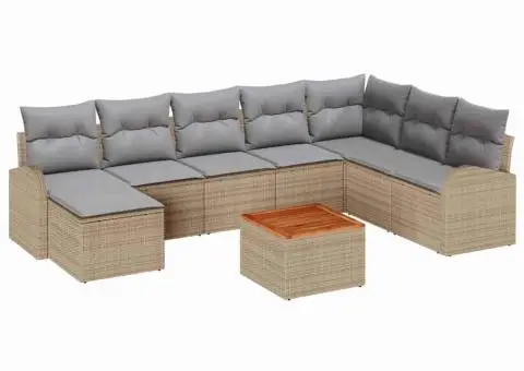 Set de grădină , 9 piese, cu perne, Bej, din rattan poliuretanic, Acacia - 2/5