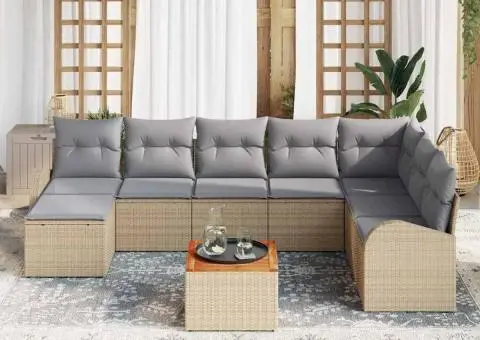 Set de grădină , 9 piese, cu perne, Bej, din rattan poliuretanic, Acacia - 3/5