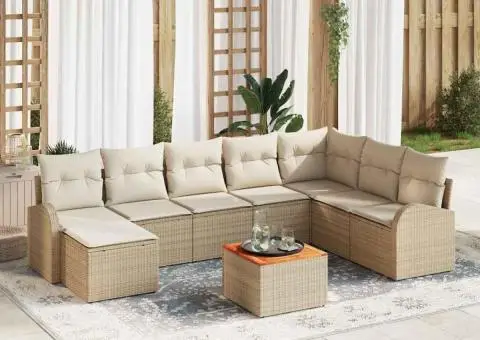 Set de canapele pentru grădină , 9 piese, cu perne, bej, rattan sintetic, lemn de acacia - 1/5