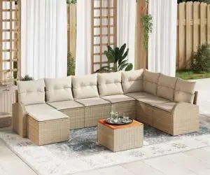 Set de canapele pentru grădină , 9 piese, cu perne, bej, rattan sintetic, lemn de acacia