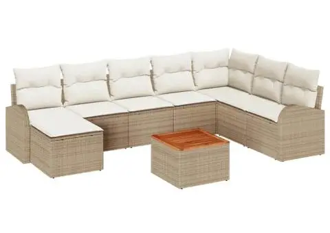 Set de canapele pentru grădină , 9 piese, cu perne, bej, rattan sintetic, lemn de acacia - 2/5