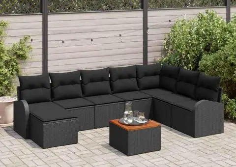 Set de canapea de grădină cu 9 piese, perne incluse, din ratan poly negru și lemn de acacia. - 1/5
