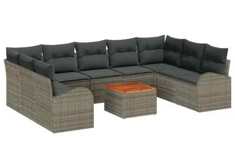 Set canapea grădină 10 piese - perne gri, rattan polițat și acacia - 2/5
