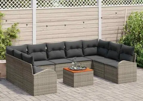 Set canapea grădină 10 piese - perne gri, rattan polițat și acacia - 3/5