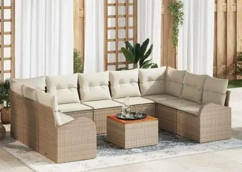 Set canapea de grădină cu 10 piese, perne bej, din ratan polițat și lemn de acacia - 1/5