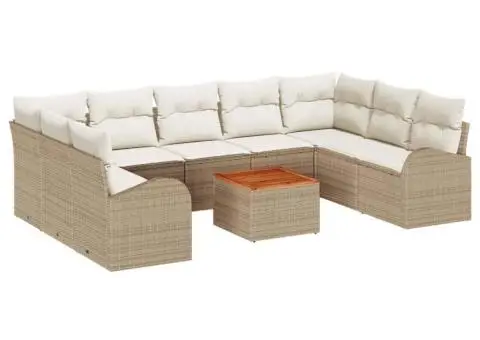 Set canapea de grădină cu 10 piese, perne bej, din ratan polițat și lemn de acacia - 2/5