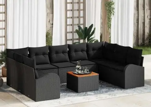 Set de canapea de grădină , 10 piese cu perne, din rattan negru și acacia - 1/5