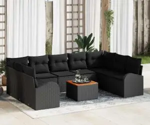 Set de canapea de grădină , 10 piese cu perne, din rattan negru și acacia