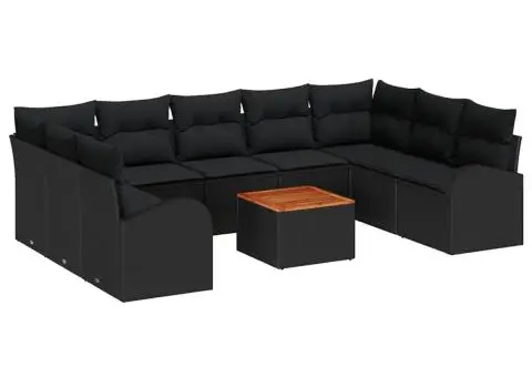 Set de canapea de grădină , 10 piese cu perne, din rattan negru și acacia - 2/5