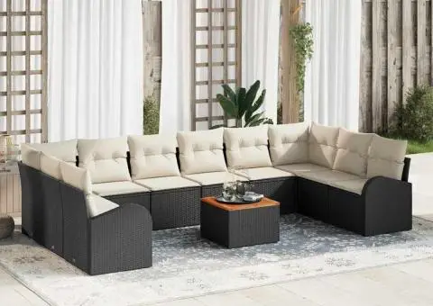 Set de canapea de grădină , 11 piese, cu perne din ratan poly negru și acacia - 1/5