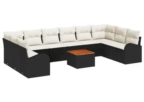 Set de canapea de grădină , 11 piese, cu perne din ratan poly negru și acacia - 2/5