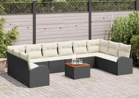 Set de canapea de grădină , 11 piese, cu perne din ratan poly negru și acacia - 3/5