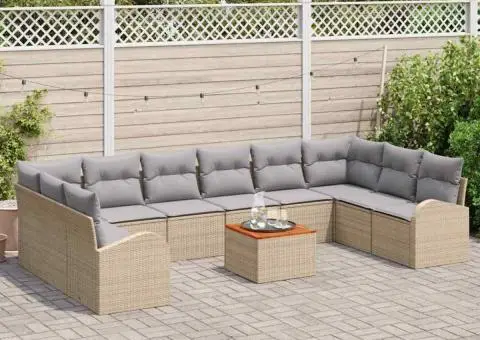 Set de canapea de grădină cu 11 piese, perne bej, din ratan polițat și lemn de acacia - 3/5