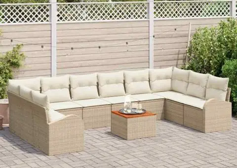 Set canapea de grădină 11 piese cu perne bej din rattan sintetic și lemn de acacia - 3/5