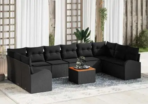 Set de grădină cu 11 piese, cu perne negre din rattan sintetic și lemn de acacia. - 1/5