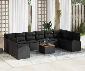 Set de grădină cu 11 piese, cu perne negre din rattan sintetic și lemn de acacia.