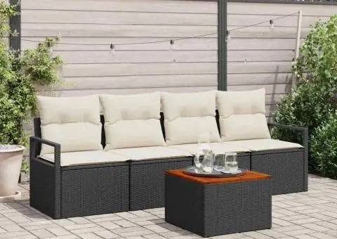 Set de canapea de grădină cu 5 piese și perne, din rattan poly negru și acacia - 1/5