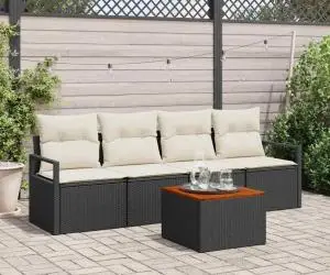 Set de canapea de grădină cu 5 piese și perne, din rattan poly negru și acacia