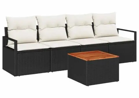 Set de canapea de grădină cu 5 piese și perne, din rattan poly negru și acacia - 2/5