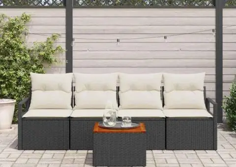 Set de canapea de grădină cu 5 piese și perne, din rattan poly negru și acacia - 3/5