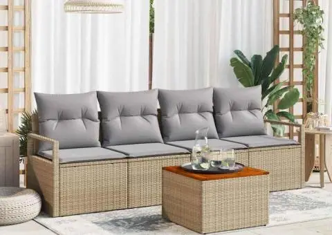 Set de canapea pentru grădină cu 5 piese, cu perne, bej, din poli rattan și acacia - 1/5