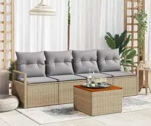Set de canapea pentru grădină cu 5 piese, cu perne, bej, din poli rattan și acacia