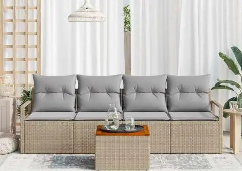 Set de canapea pentru grădină cu 5 piese, cu perne, bej, din poli rattan și acacia - 3/5