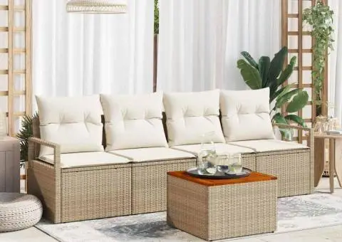 Set de canapea de grădină cu 5 piese și perne, bej, din rattan sintetic, acacia - 1/5