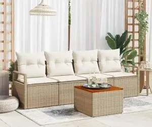 Set de canapea de grădină cu 5 piese și perne, bej, din rattan sintetic, acacia