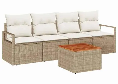 Set de canapea de grădină cu 5 piese și perne, bej, din rattan sintetic, acacia - 2/5