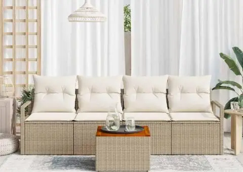 Set de canapea de grădină cu 5 piese și perne, bej, din rattan sintetic, acacia - 3/5