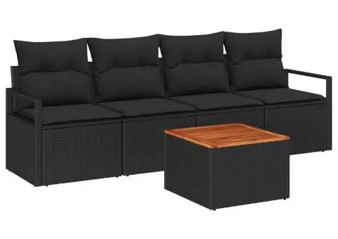 Set de canapea de grădină cu 5 piese și perne, din ratan poly negru și acacia. - 2/5
