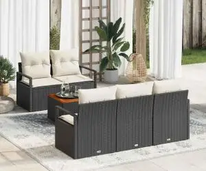 Set de canapea de grădină cu 6 piese, cu perne, negru, din rattan polițat și acacia.