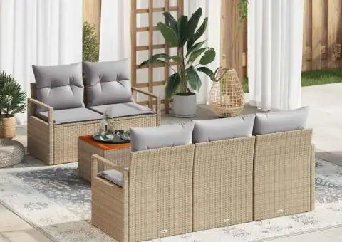 Set de Canapea de Grădină cu 6 Piese, cu Perne Bej, din Ratan și Poliester - 1/5