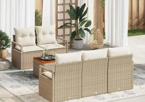 Set de canapea de grădină din 6 piese cu perne bej, din rattan poliesteric și acacia - 1/5