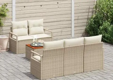 Set de canapea de grădină din 6 piese cu perne bej, din rattan poliesteric și acacia - 3/5