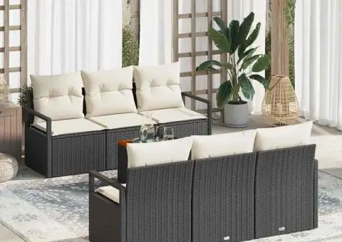 Set de Canapea de Grădină cu 7 Piese și Perne din Ratan Negru și Poliester, Cadru din Acacia - 1/5