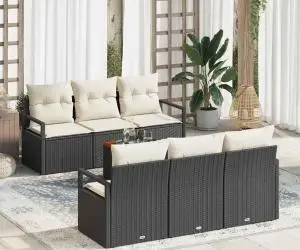 Set de Canapea de Grădină cu 7 Piese și Perne din Ratan Negru și Poliester, Cadru din Acacia