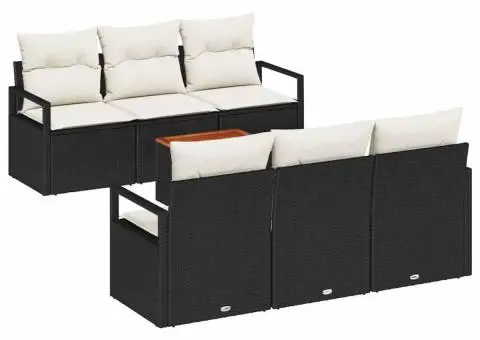 Set de Canapea de Grădină cu 7 Piese și Perne din Ratan Negru și Poliester, Cadru din Acacia - 2/5