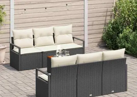 Set de Canapea de Grădină cu 7 Piese și Perne din Ratan Negru și Poliester, Cadru din Acacia - 3/5