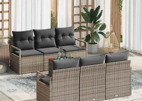 Set canapea pentru grădină , 7 piese, cu perne, ratan gri, acacia - 1/5