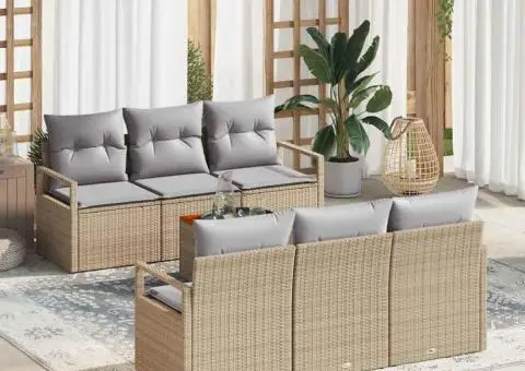 Set de canapele pentru grădină 7 piese cu perne, bej, ratan poliester, acacia - 1/5