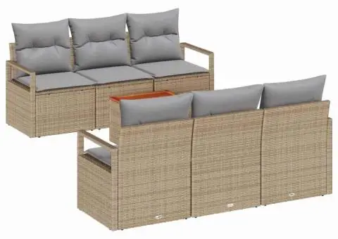 Set de canapele pentru grădină 7 piese cu perne, bej, ratan poliester, acacia - 2/5