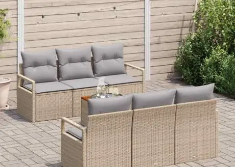 Set de canapele pentru grădină 7 piese cu perne, bej, ratan poliester, acacia - 3/5